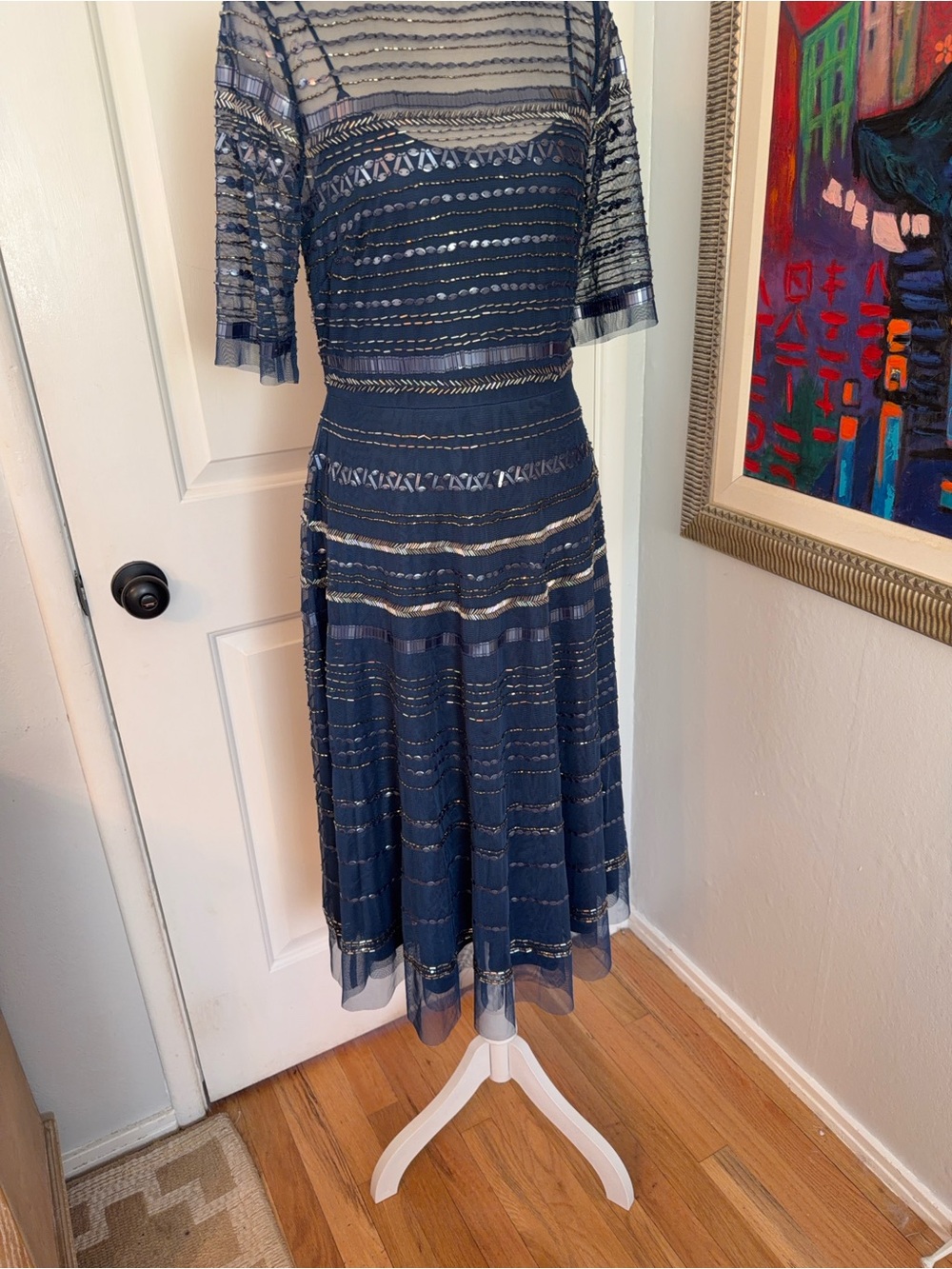 NWT- Johnny Was Navy Midi Dress Heavily Beaded Size 6